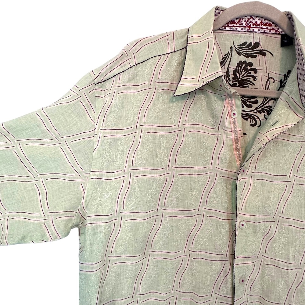 Robert Graham Embroidered Linen Blend Button Down Shirt Green Purple Mens Large - Picture 10 of 15